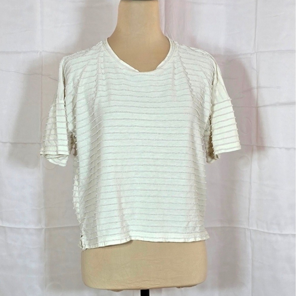 Madewell Women Cream Textured Horizontal Stripe Short Sleeve Tee Shirt Size S
